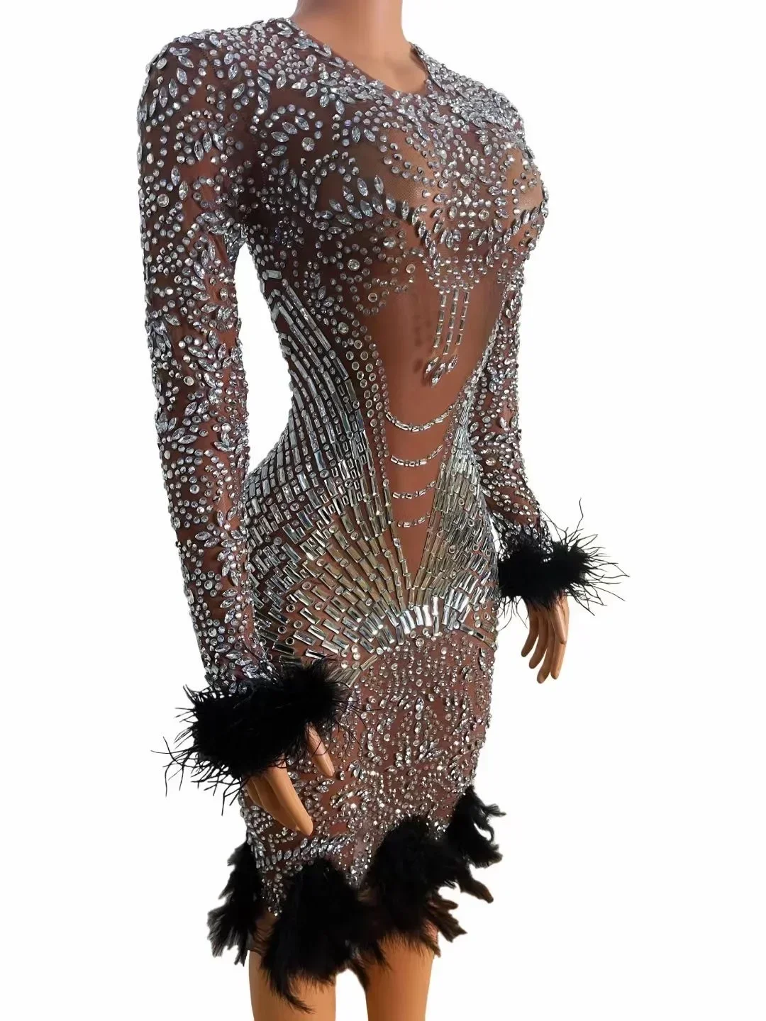 Błyszcząca sukienka z długimi rękawami, zdobiona cyrkoniami i piórami, dla kobiet, na wieczorne przyjęcie, urodziny, odzież dla piosenkarki, stroje sceniczne do tańca.