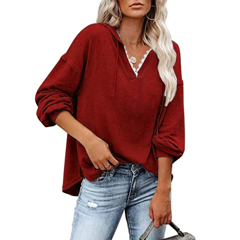 Lace Collar Hooded Sweatshirts Women Solid Colors Loose Casual Pullovers Spring Autumn Fashion All-Match Hoodies Chic Streetwear