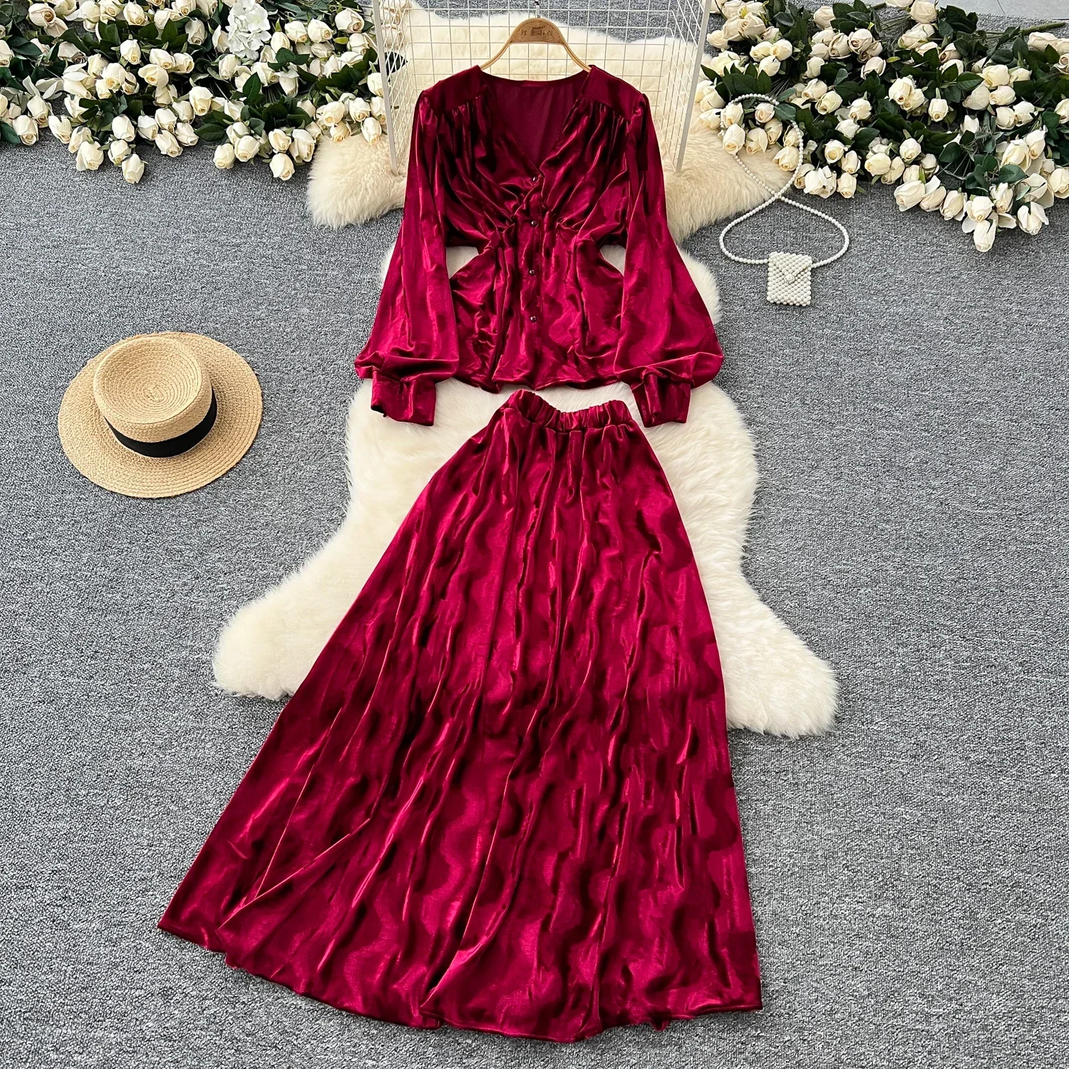 Chic Women Two-Piece Sets Vintage V-neck Single Breasted Lantern Sleeve Top High Waist Skirt Korean High Street Velvet Clothing