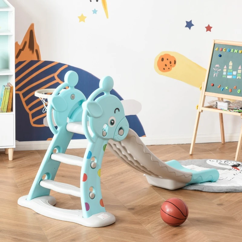 

2 in 1 Kids Slide with Basketball Hoop, Foldable Toddler Freestanding Slider Playset, for 18 Months -4 Years Deer