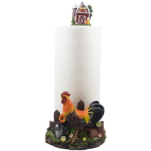 

Rustic Farmhouse Paper Towel Dispenser Featuring Vibrant Rooster And Mini Barn For Country Kitchen Decor And Gifting