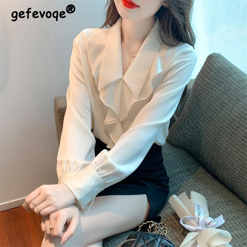 Korean Fashion Ruffle Luxury Elegant Blouse Spring Office Lady Business Casual Shirt Solid Long Sleeve Loose Tops Chiffon Blusas