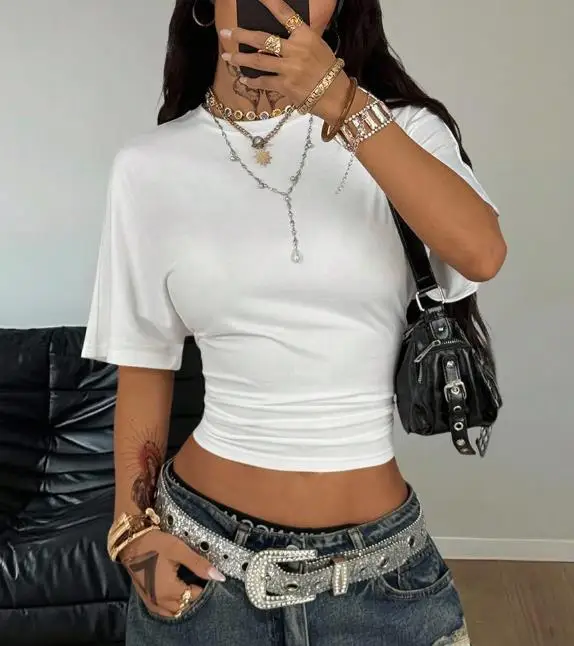 

Women's T-Shirt Summer New Fashion Personality Style Solid Color Simple Round Neck Slim Fit Exposed Navel Short Sleeved T-Shirt