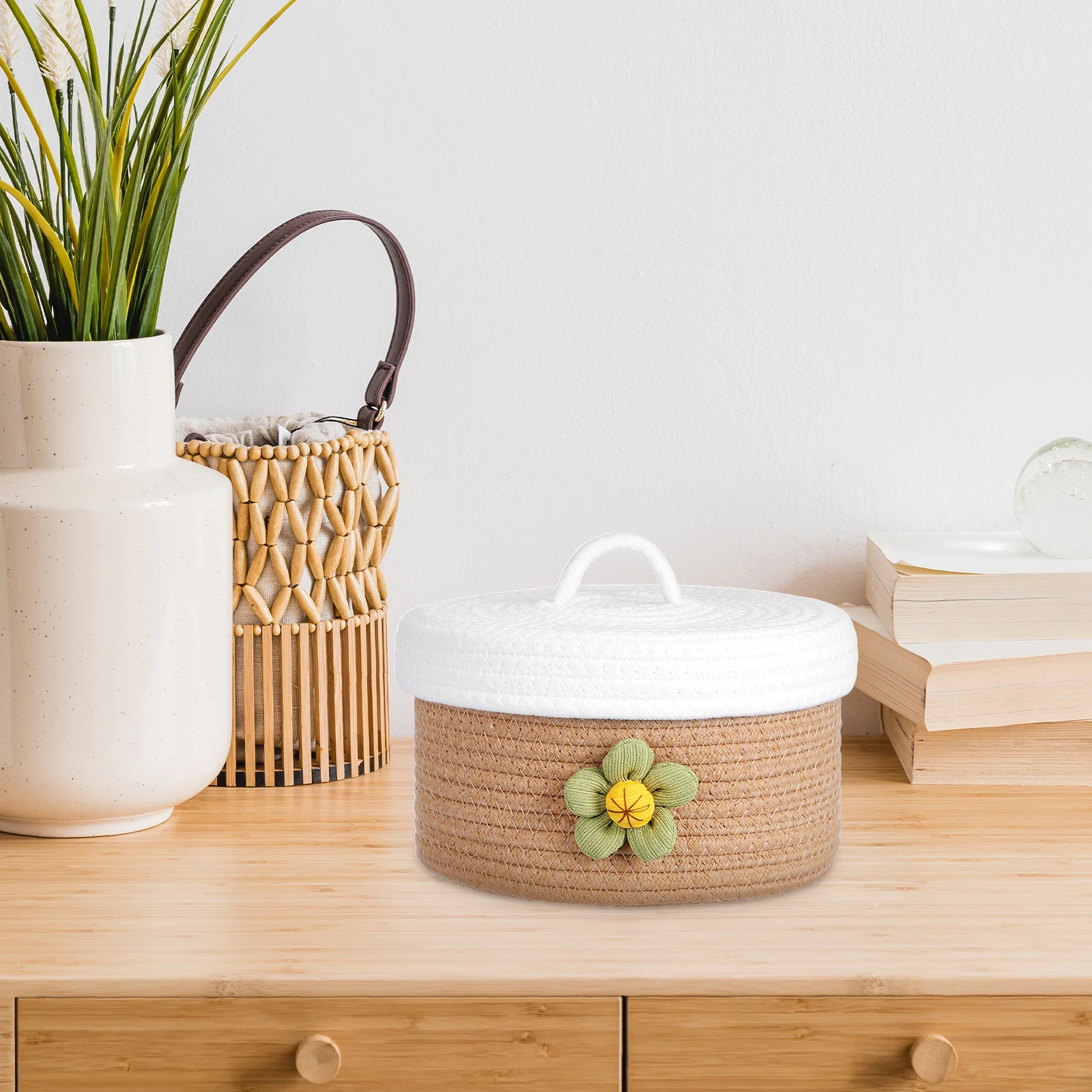 

Cotton Rope Storage Basket with Lid for Home Organization Light Brown Medium Size Woven Bins Household Snack Toy Organizer