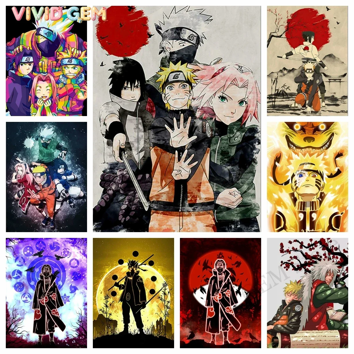 VIVID GEM Naruto DIY Japanese Anime Diamond Painting Kit Cartoon Cross Stitch Embroidery Uchiha Itachi Mosaic Home Decoration