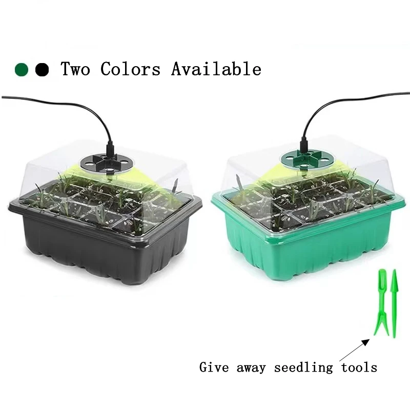 Seed Starter Tray Box With LED Grow Light Nursery Pot Seedling Germination Planter Adjustable Ventilation Humidity 12 Cell