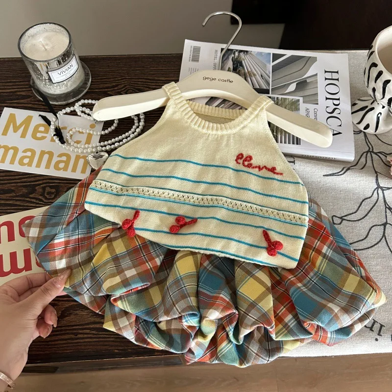 الفتيات مجموعة 2025 صيف جديد ملابس أطفال الكورية نمط طفلة محبوك التطريز نصف سترة جراب السراويل قطعتين عادية #4