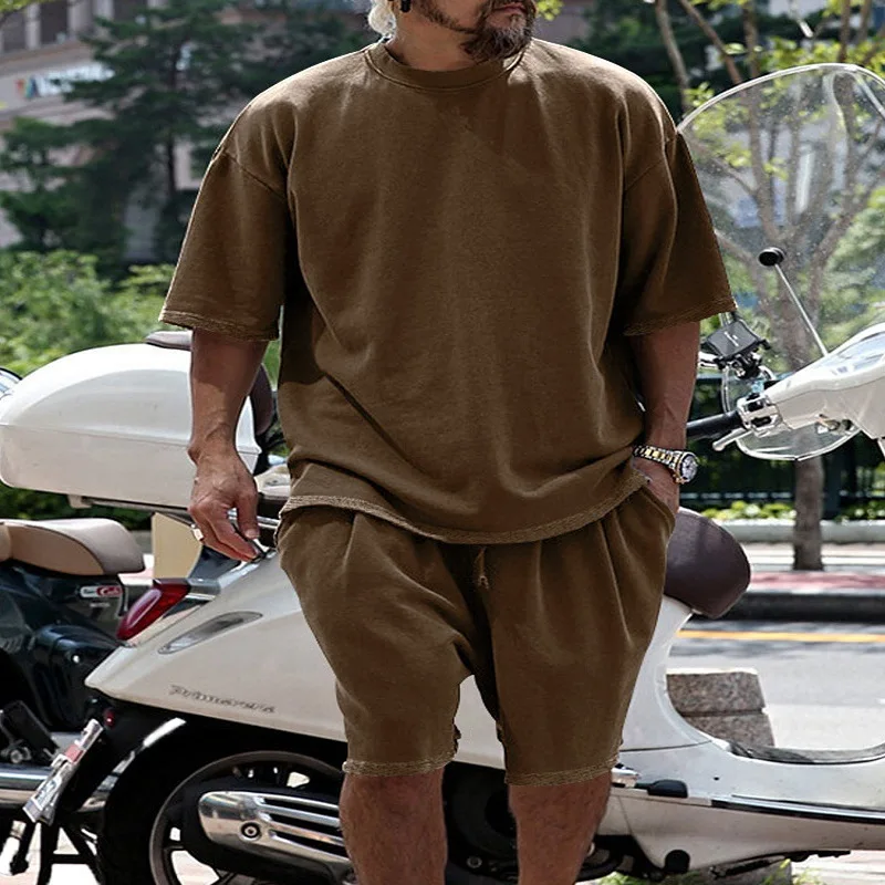 2024 Summer New Large Cotton Men Set Casual Sports Round Neck Solid Color Loose Male Two Piece Set