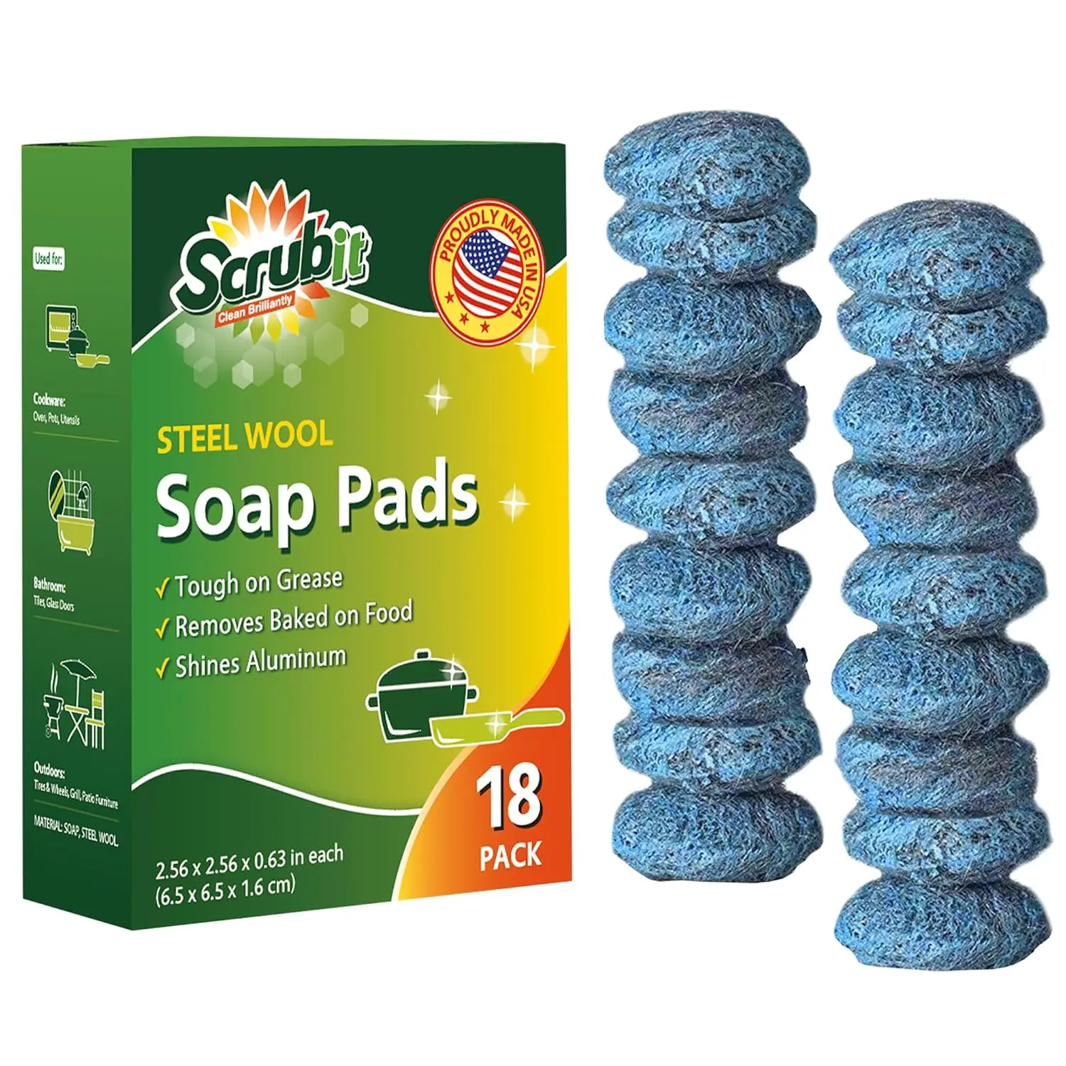 

18 Pack Steel Wool Soap Scouring Pads for Dishes Pots Pans Ovens Pre Soaped Kitchen Grease Oil Remover