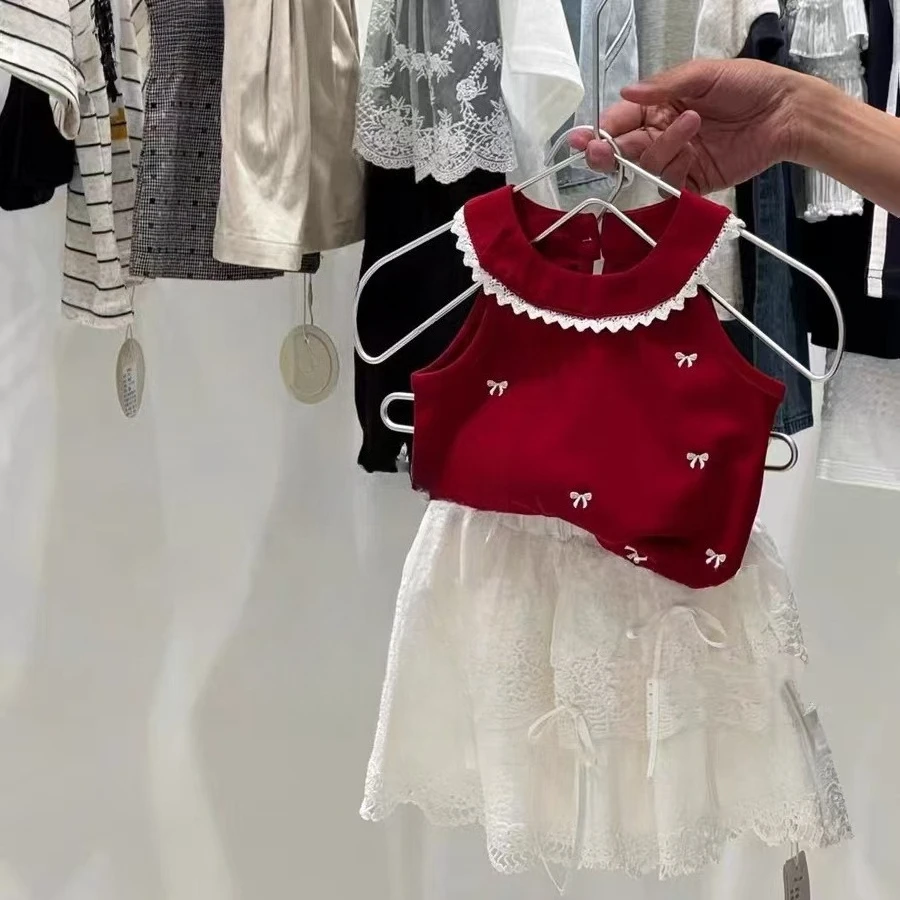 Ballet aesthetics summer female treasure red bow embroidered vest hollow cake culottes baby set two-piece set