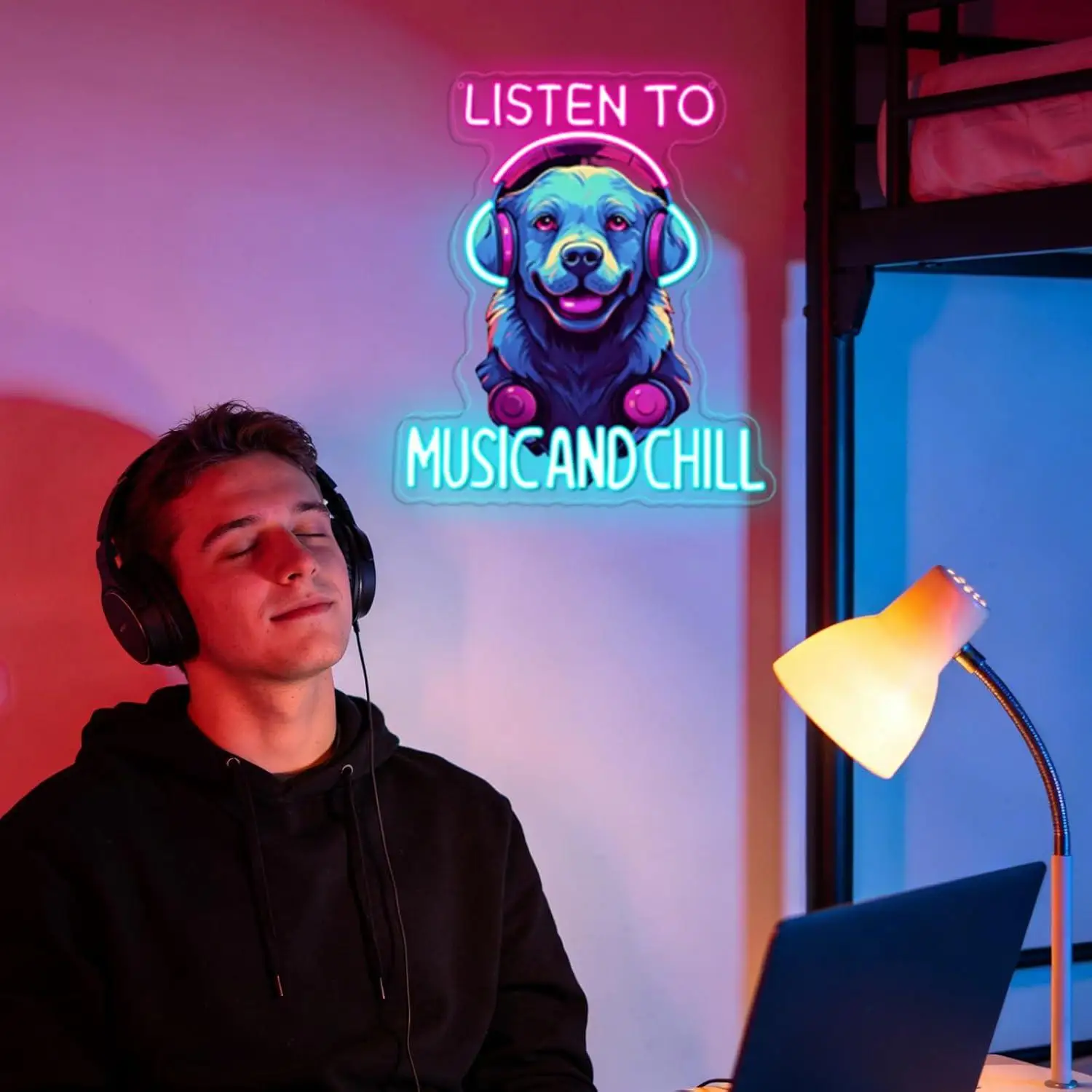 Music Fan Neon Sign Dimmable LED Light with Dog for Game Room Man Cave Boys Bedroom Bar Aesthetic Wall Decor Gifts Night Light