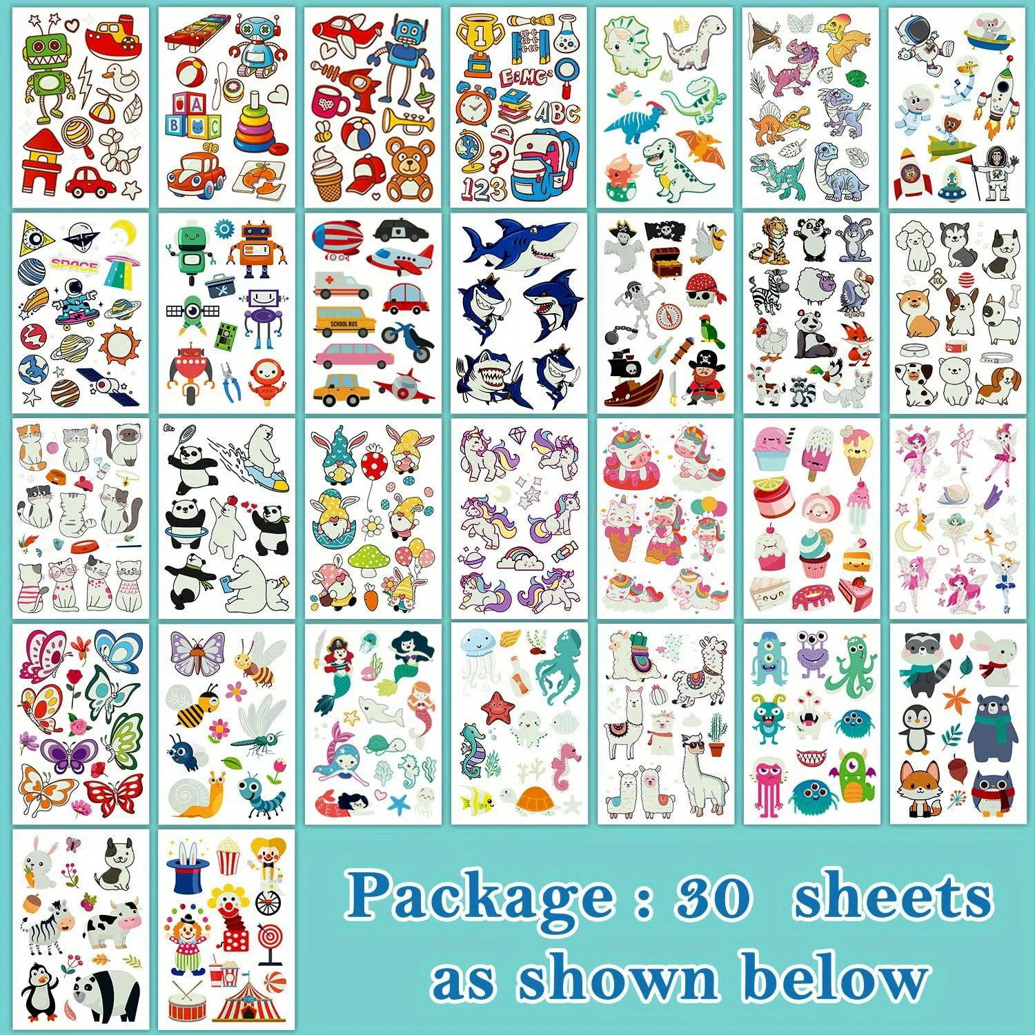 380 Styles (30 Sheets) Luminous Tattoos Mixed Styles Temporary Tattoos Stickers with Unicorn/Mermaid/Dinosaur/Outer Space