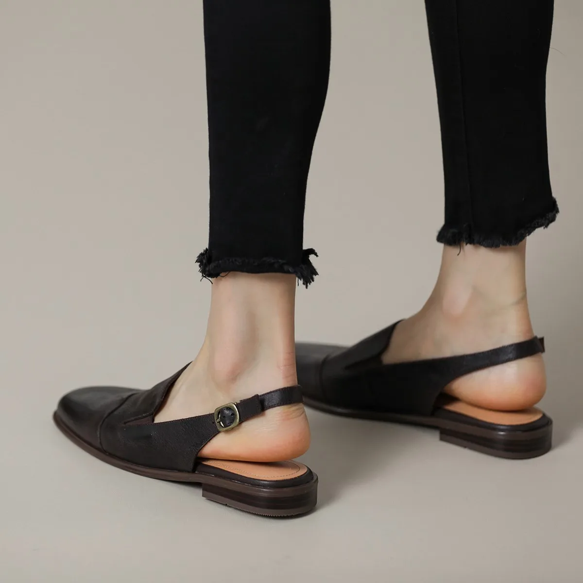 Woman Mules Genuine Leather Cowhide W Summer Shoes Ladies Muller Round Toe Spring Sandals With Buckle Comfort Simple Flats