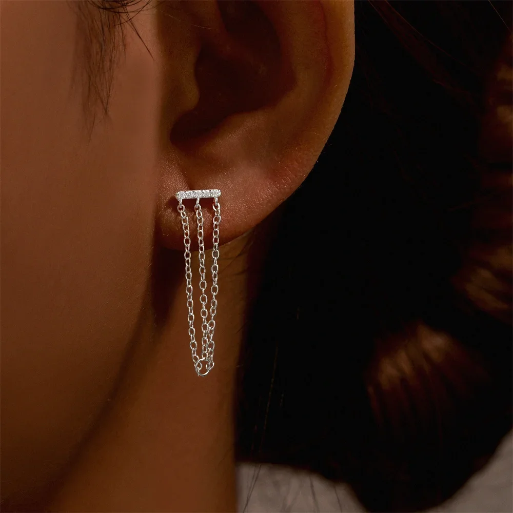 VAL 1PC 925 Sterling Silver Ear Stud For Women Zircon Tassel T-shaped/Conical Geometric Conch Versatile Puncture Earrings Jewel