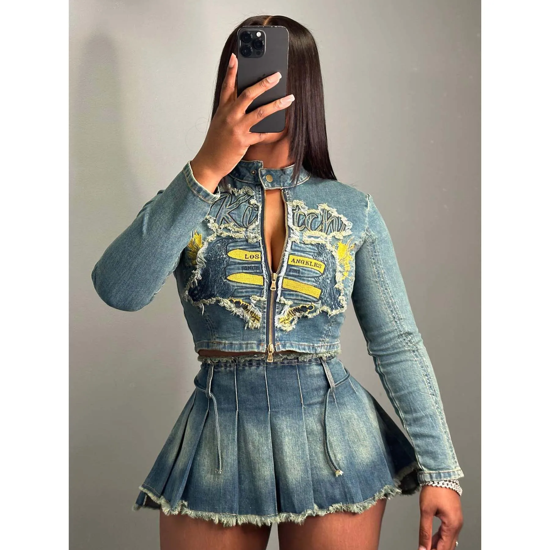 Denim Cropped Jacket 2 Piece Mini Skirt Sets 2024 Fall Clothes Women Sexy Elegant Luxury Two Piece Sets Outfits Jean Pleat Dress