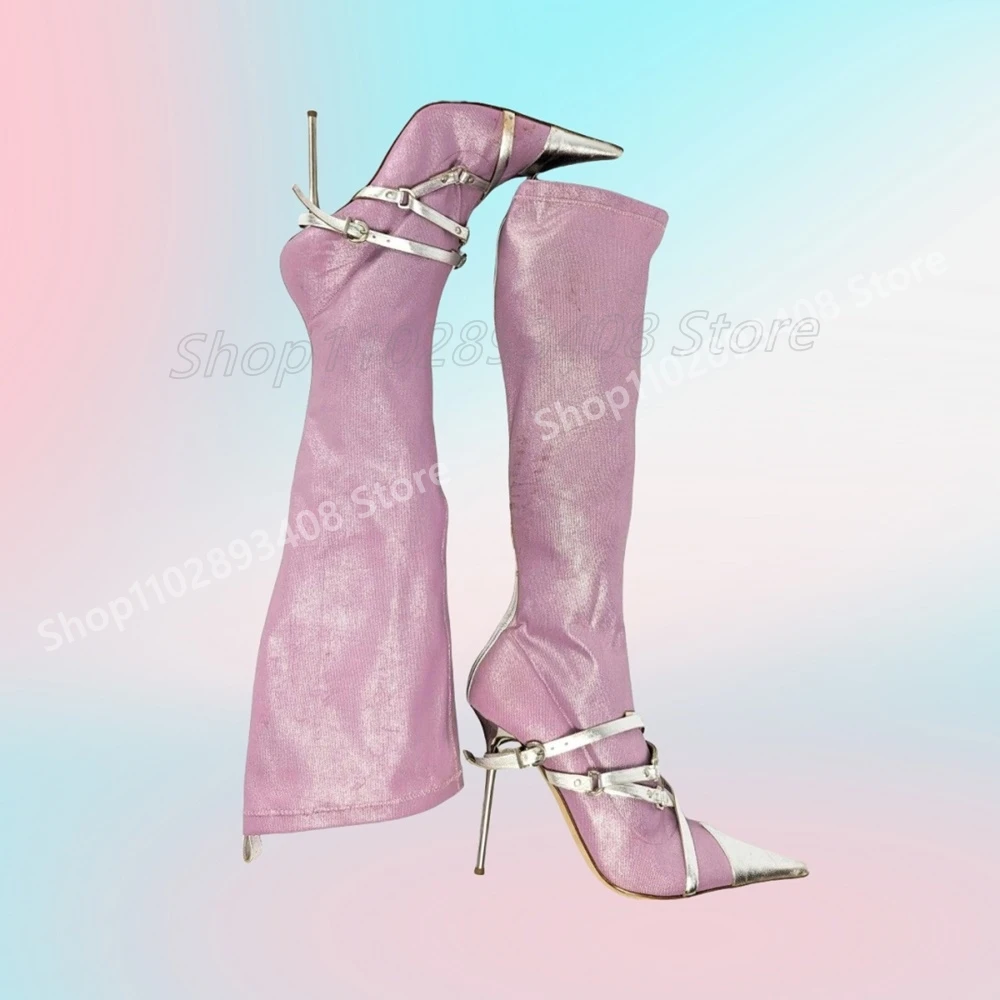 

Pink Buckle Belts Strap Decor Mid Calf Boots Pointed Leather Thin High Heel Fashion Women Shoes 2025 Spring Zapatos Para Mujere