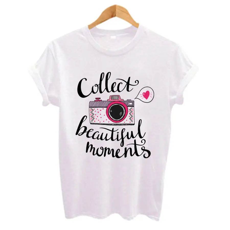 Women's Letter Camera Print T-Shirt, Casual Short Sleeve Tops, Summer Tees, Brand Fashion Clothing, HH244