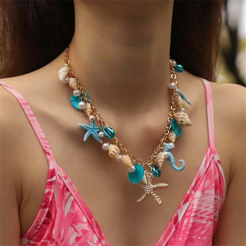 Imitation Pearl Starfish Pendant Necklaces for Women Trendy Multi-Element Beaded Necklace Summer Beach Vacation Jewelry Gifts