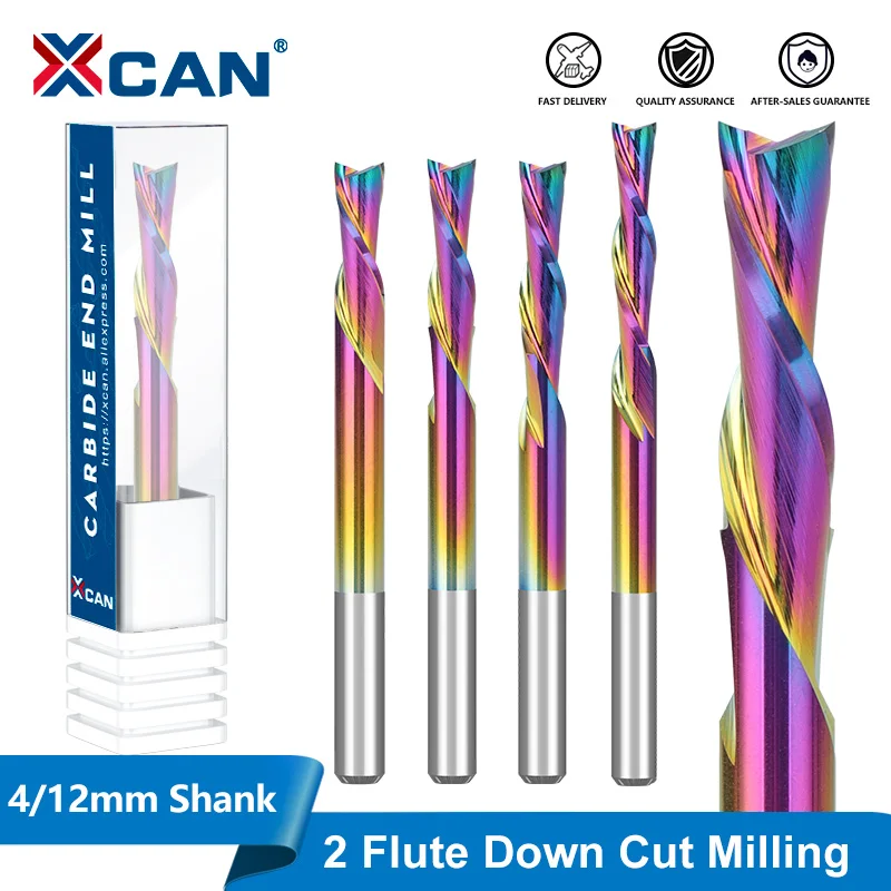 XCAN 2 Flute CNC Router Bit 4 5 6 8 10 12mm Shank Down Cut Milling Cutter Super Coated Carbide End Mill Wood Milling Tool