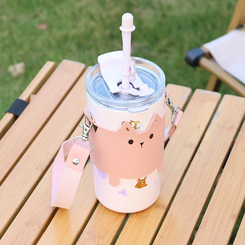 Кружка-неваляшка с изображением милой кошки, ручной держатель с защитой от ожогов, уличная бутылка для кофе и воды