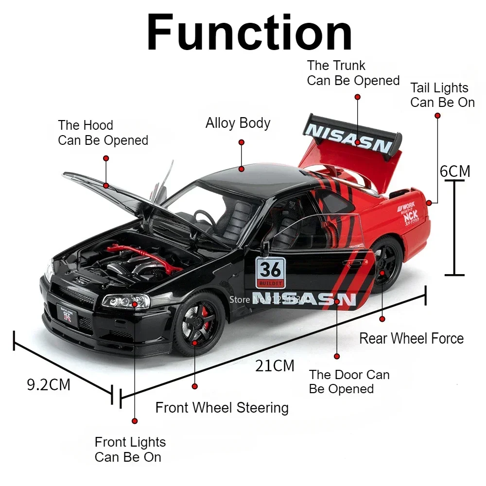 1:24 Nissan GTR SKYLINE Model samochodu sportowego Zabawka Muzyka Światło Pociągnij Drzwi Otwarte Miniaturowe modele samochodów ulicznych Kolekcja Prezenty dla dzieci