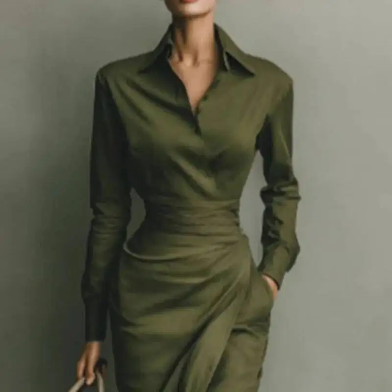 

Elegant Dresses Woman Spring Polo Collar Button High Waist Slim Bodycon Autumn Long Sleeve Solid Office Lady Dress Vestido
