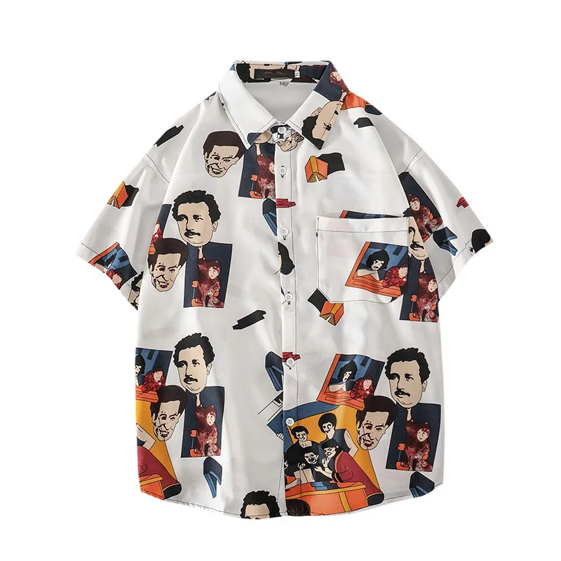 Niche Printed Collar Shirt, Floral Graffiti Simple Brushstrokes Landscapes Trendy Short Sleeves for Young People