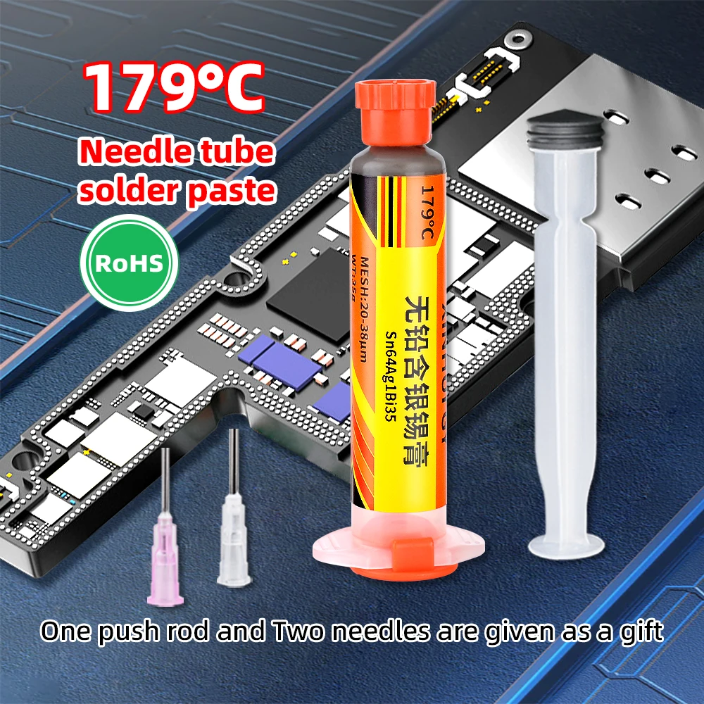 179°C Eutectic Sn64Ag1Bi35 Lead-Free Syringe Solder Paste | Mid-Temp Silver-Bismuth Alloy for Precision BGA/SMT