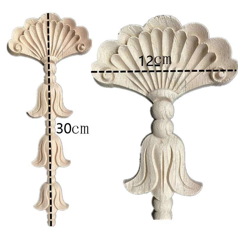 2PCS 30cm Furniture Wooden Applique Onlay Natural Floral Wood Carved Figurines Crafts Corner Frame Wall Door Woodcarving Decor