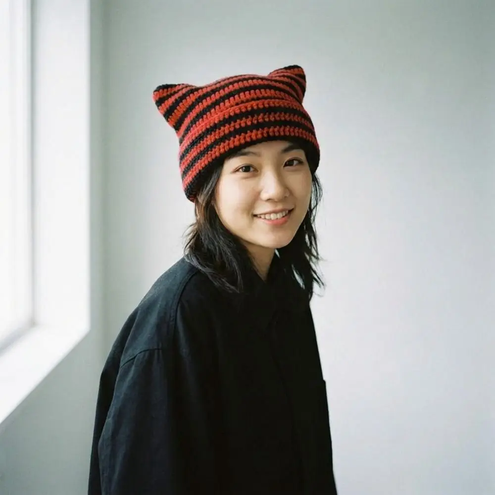 Soft Y2K Cat Ears Beanie Hats Warm Cute Stripe Knitted Hat Crochet Gothic Little Devil Cap Outdoor