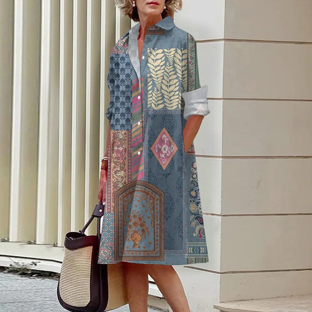 Fashion Vintage Splicing Printed Shirt Dress Women Elegant Long Sleeve Button Up Commuter Dresses Loose A-Line Cardigan Dress