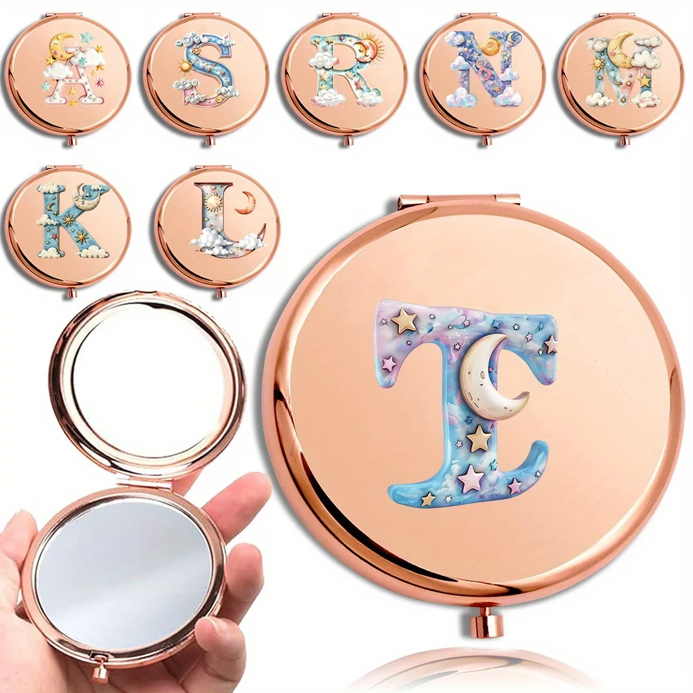 

Portable Travel Metal Makeup Mirror Round Double Side Handheld Cosmetic Mirror Women Beauty Tool Iridescent Cloud Letter Pattern