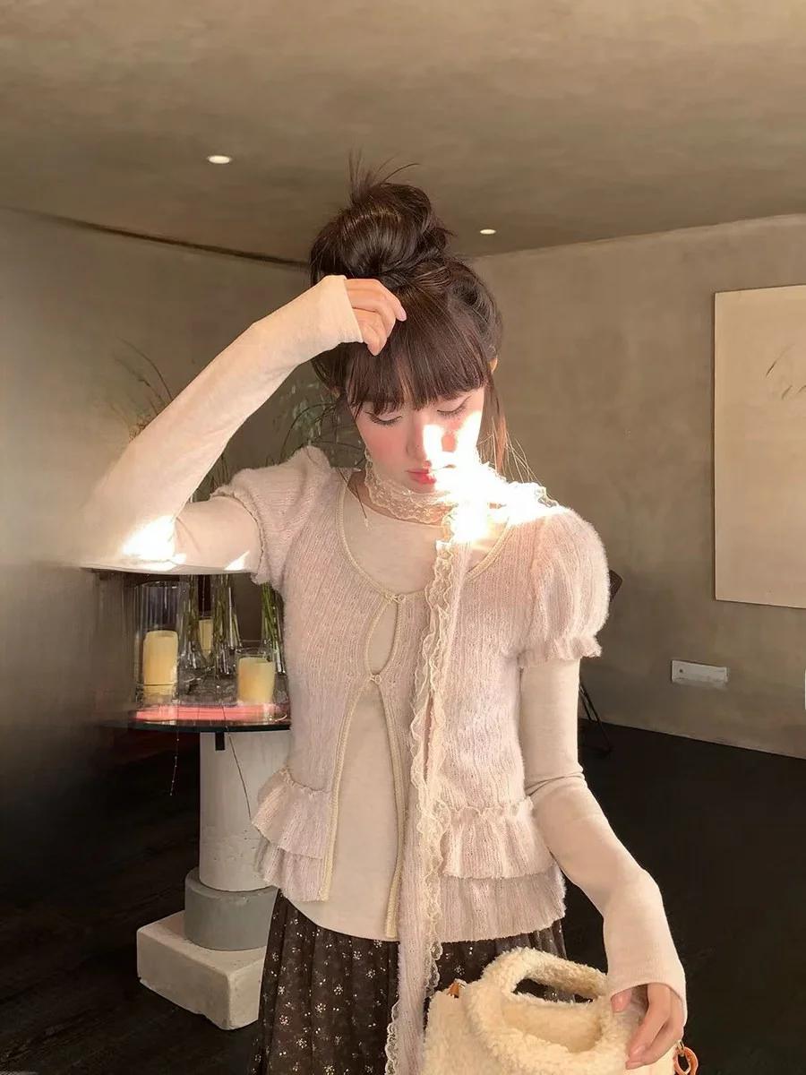 

Sweet Double Layer Ruffle ort Sve Open Cardigan Knitted Long Sve Lace Scarf Tee Piece Set Women's Faion Winter Warm