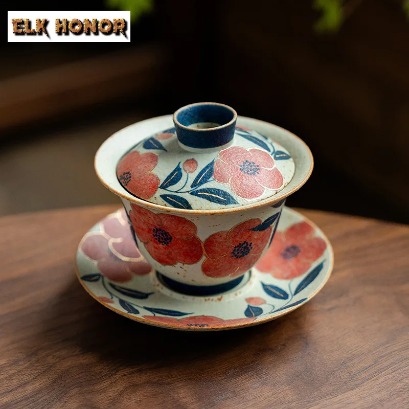 145ml Hand-painted Peach Blossom Gaiwan Boutique Tea Tureen Tea Bowl With Lid Kit Tea Maker Cover Bowl Tea Ceremony Collection