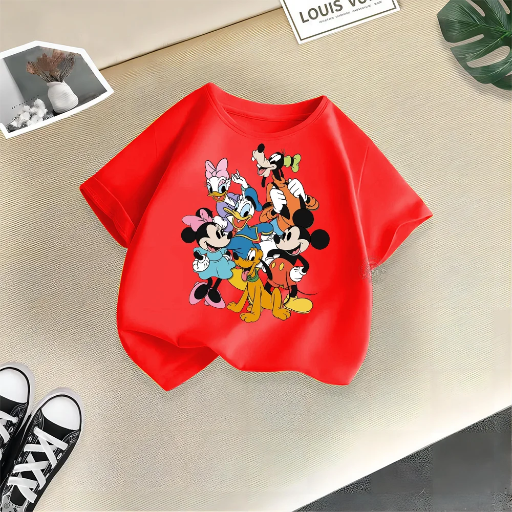 Disney Kids Summer Clothing 100% Cotton T-shirt Mickey Minnie Print Teen Crewneck T-shirt Top Boys Girls Comfortable Casual T-sh