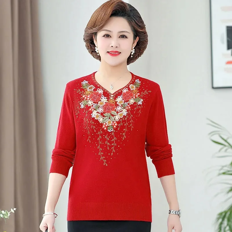 Fashion Middle Aged Elderly Women\'s Sweater 2023 New Spring Autumn  Knitted Sweater Pullover Casual Lady Embroidery Knitwear Top