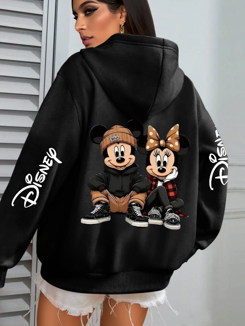 Pulôver com capuz Potdemiel Mickey e Minnie Mouse com design de desenho animado, mangas compridas e capuz com cordão, perfeito para uso casual