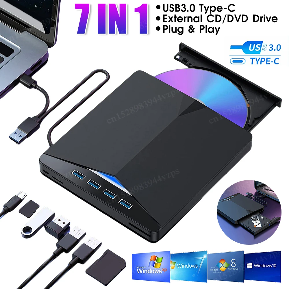 7 In 1 USB3.0 External DVD CD Disc Burner Combo Drive Reader  for Windows 11/10/8/7/Linux/ OS CD DVD Burner Plug-and-Play Slim