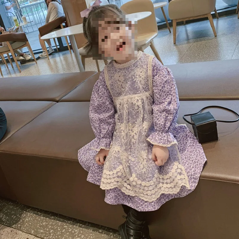 

Girls' Floral Bell Sleeve Dress with Lace Trim and Apron25Autumn New Fashion Foreign Trade Children's Clothing Wholesale