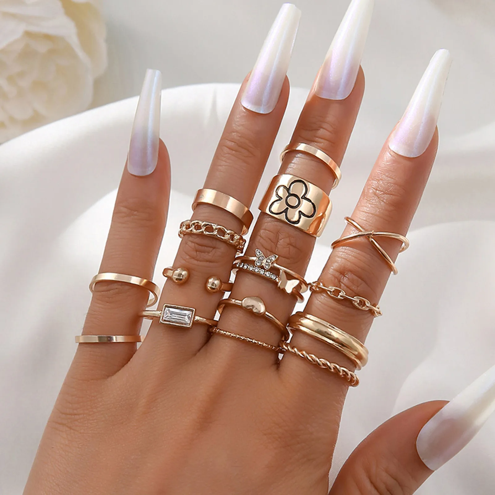 Korea Women Rings Set Knuckle Rings Gold Bohemian Ring Set Geometric Knuckle Finger Rings Party Jewelry Simple Chain Finger Gift