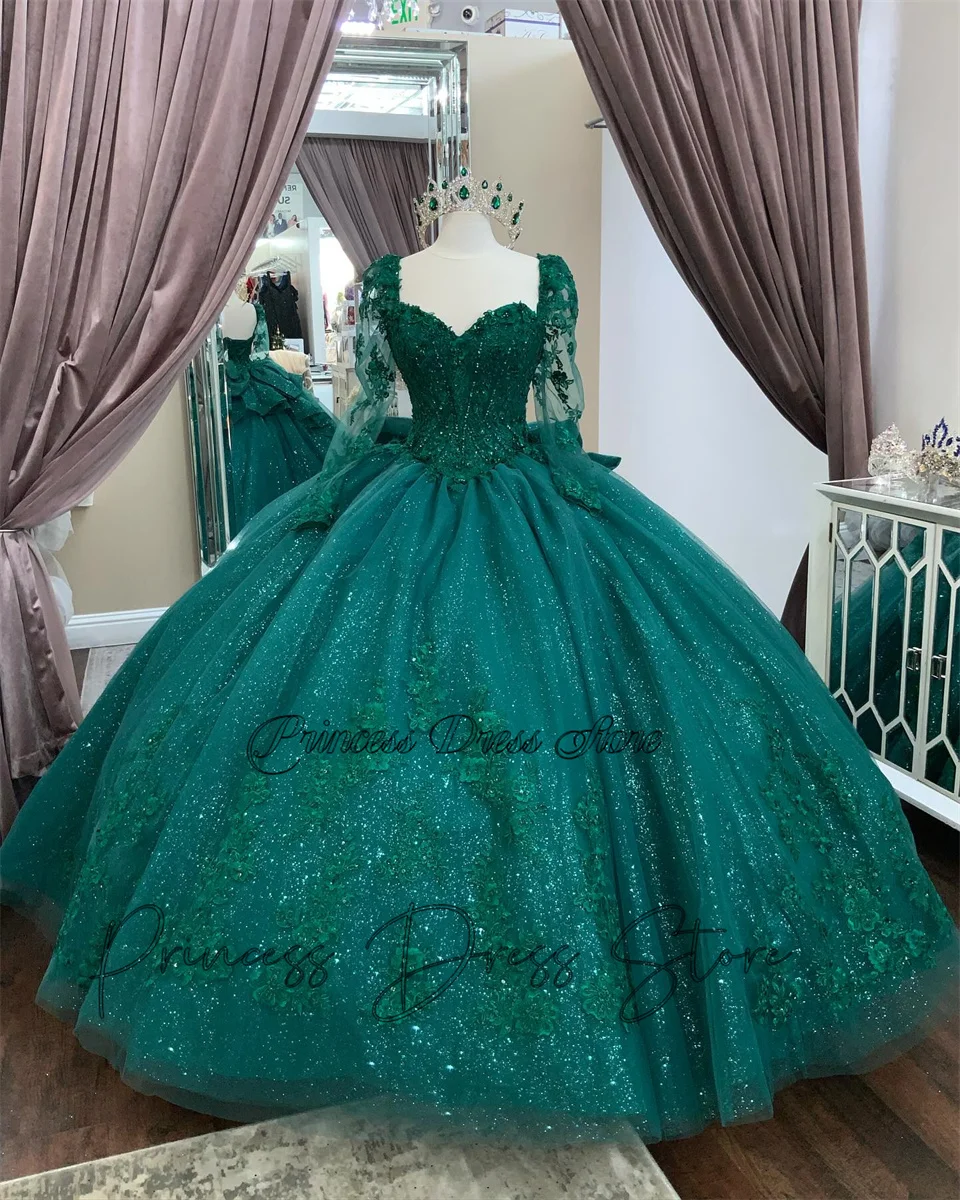 Elegance Emerald Green Sweet 16 Ball Gown Quinceañera Dresses Long sleeve Beaded Sequins Crystals Appliques Vestido De 15 Anos