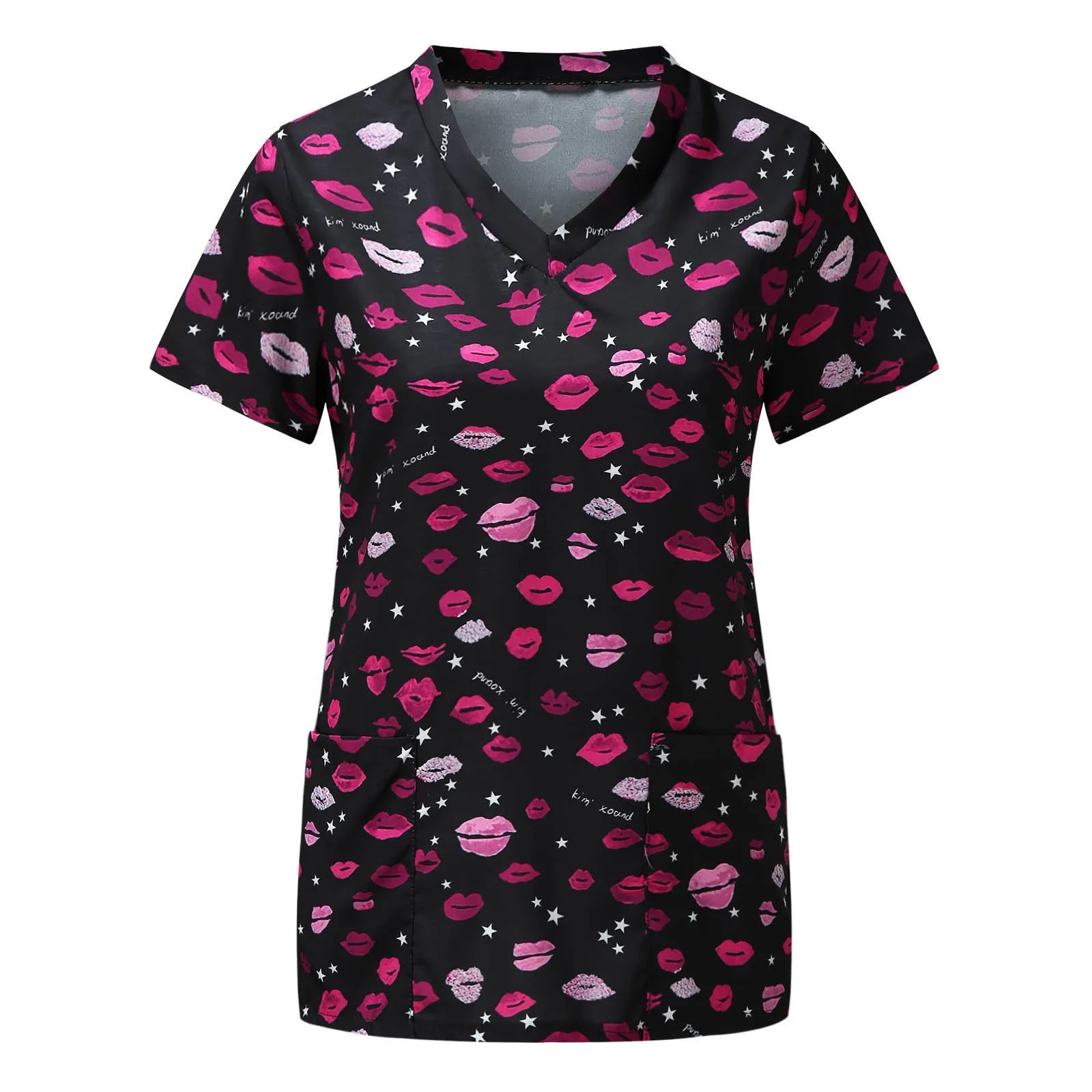 Uniformes clínicos para mujer, blusa de enfermera de trabajo de manga corta con cuello en V, uniformes de medicina, Tops, ropa de enfermería con estampado de labios sexy