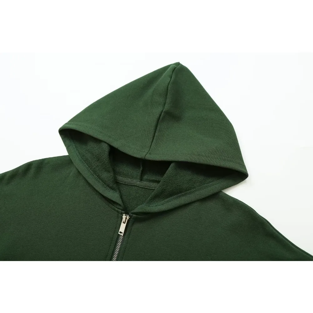 Women's Washed Effect Pant Sets Green Cotton Tracksuits Washed Zip-up Hoodie Matching Tonal Elastic Waist Pants with Drawstrings