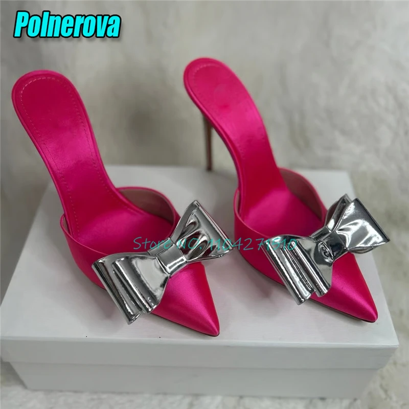 Bow Embellished Satin Thin High Heels Slippers for Women Sweet Sexy Pointed Toe Stiletto Mules Summer New Party Wedding Shoes
