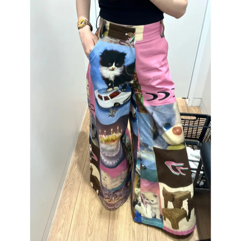 American Streetwear Wide Leg Pants For Women High Waist Straight Pantalon Femme Y2k Cat Print Casual Summer Trousers Chic Pants