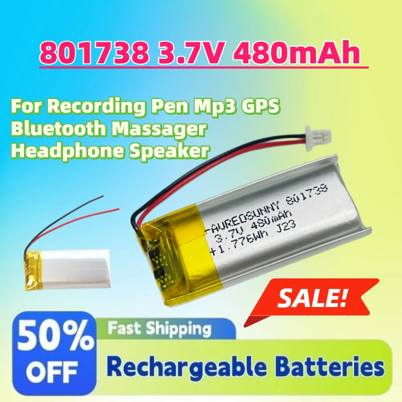 

В наличии: Новая литий-полимерная аккумуляторная батарея 801738 3.7V 480mAh для диктофонов, MP3-плееров, GPS-устройств, Bluetooth-массажеров, наушников, колонок