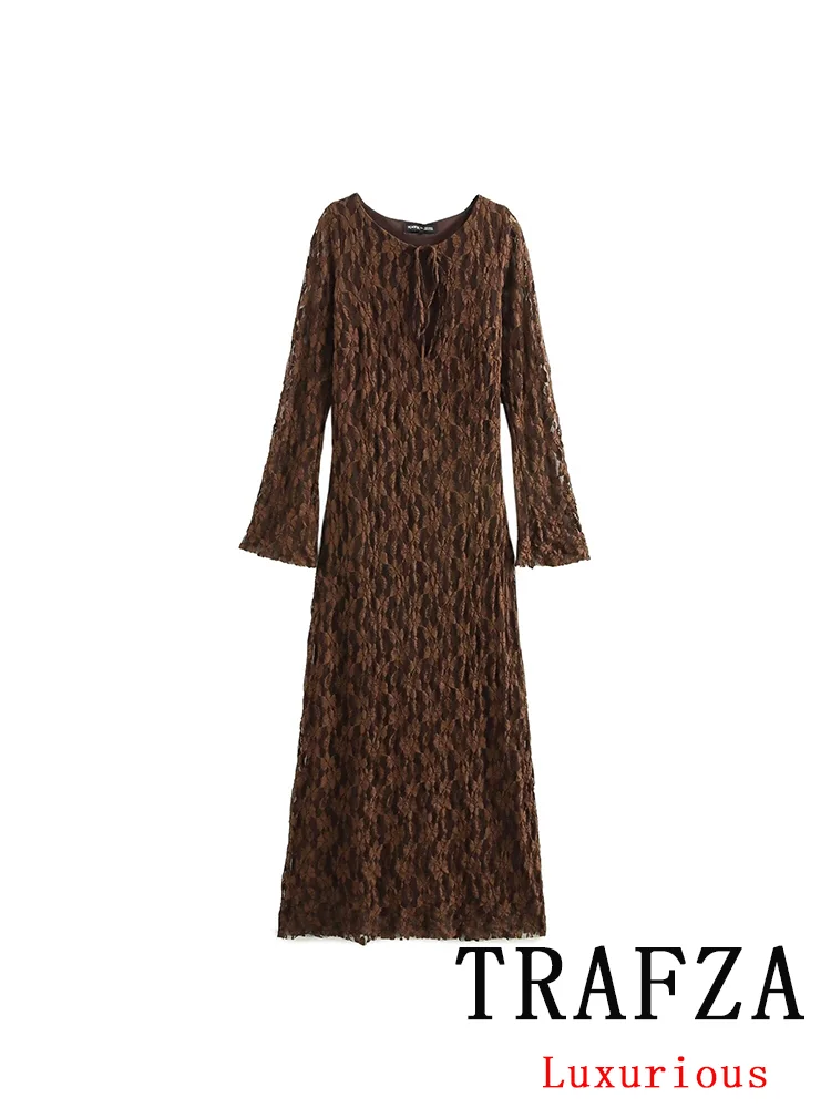 TRAFZA Vintage Casual Chic Women Dress O-Neck Lace Zipper Long Sleeve Straight Vestidos New Fashion 2024 Autumn Holiday Dress