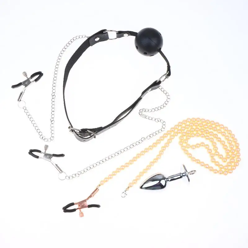 【AD】BDSM Anal Beads Butt Plug Mouth Gag Set Pearl Nipple Clamps With Chain Metal Breast Clip Bondage Slave For Women Sex Toy Kit view 2
