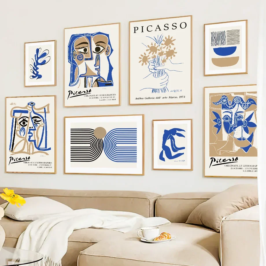 Nordische Korallen-Blumen-Wandkunst, Leinwandgemälde, Picasso und Matisse-Linie, Gesichtsporträt, Posterdruck, Wohnzimmerdekoration