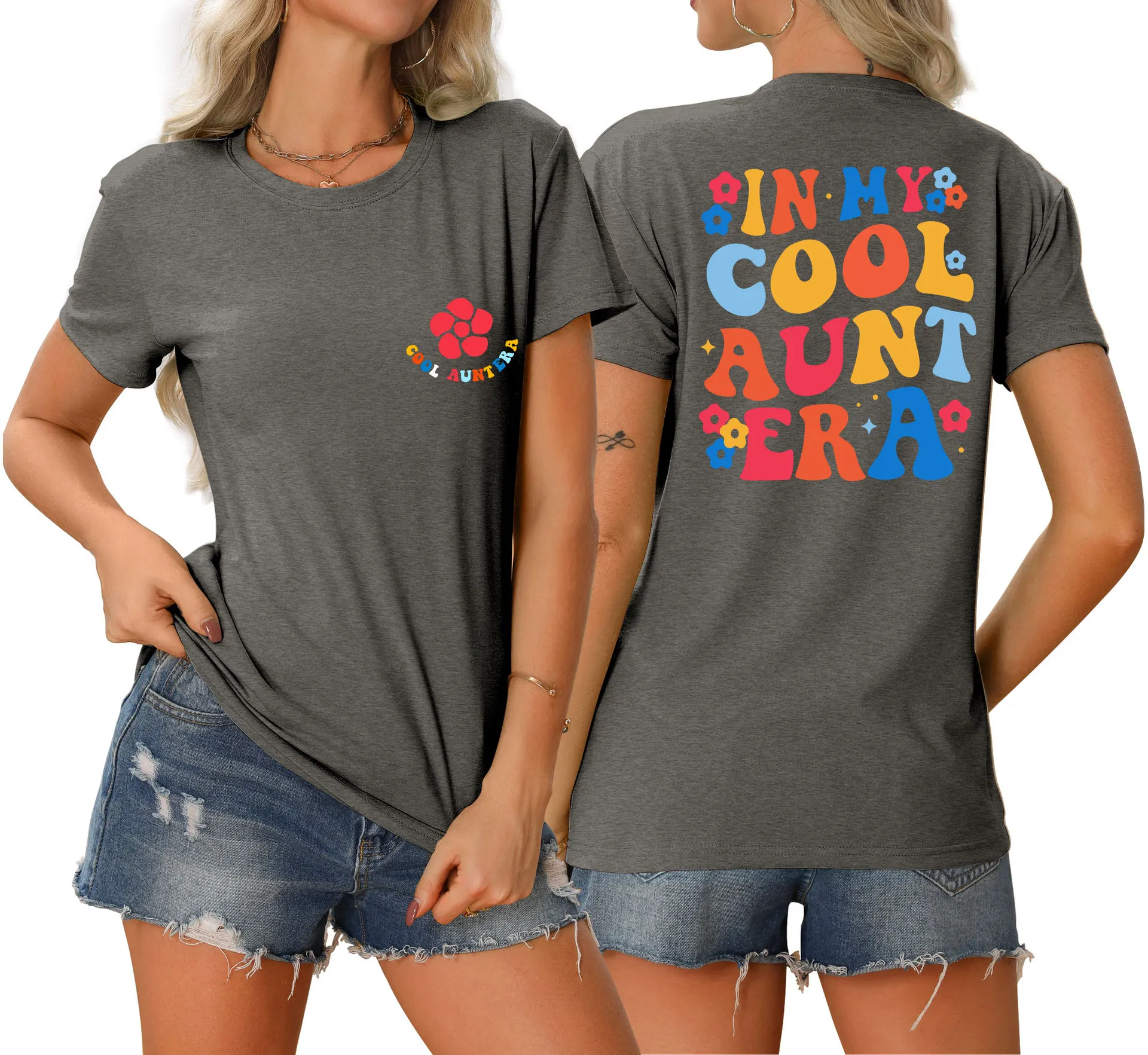 

Summer new women's round neck IN MY COOL AUNT flower cute print T-shirt loose short sleeve top with all fashion pullover